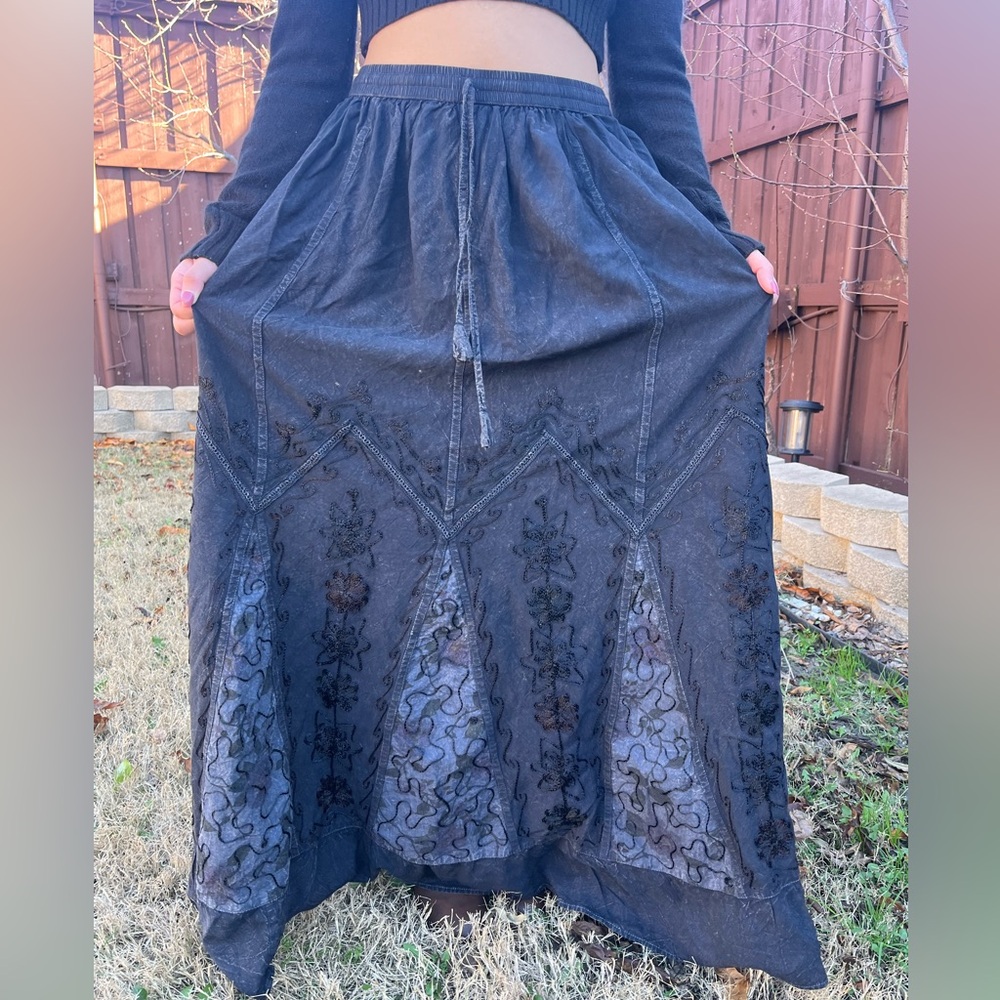 Chic Whimsy Goth Ash Black Embroidered Maxi Skirt - Picture 10 of 14